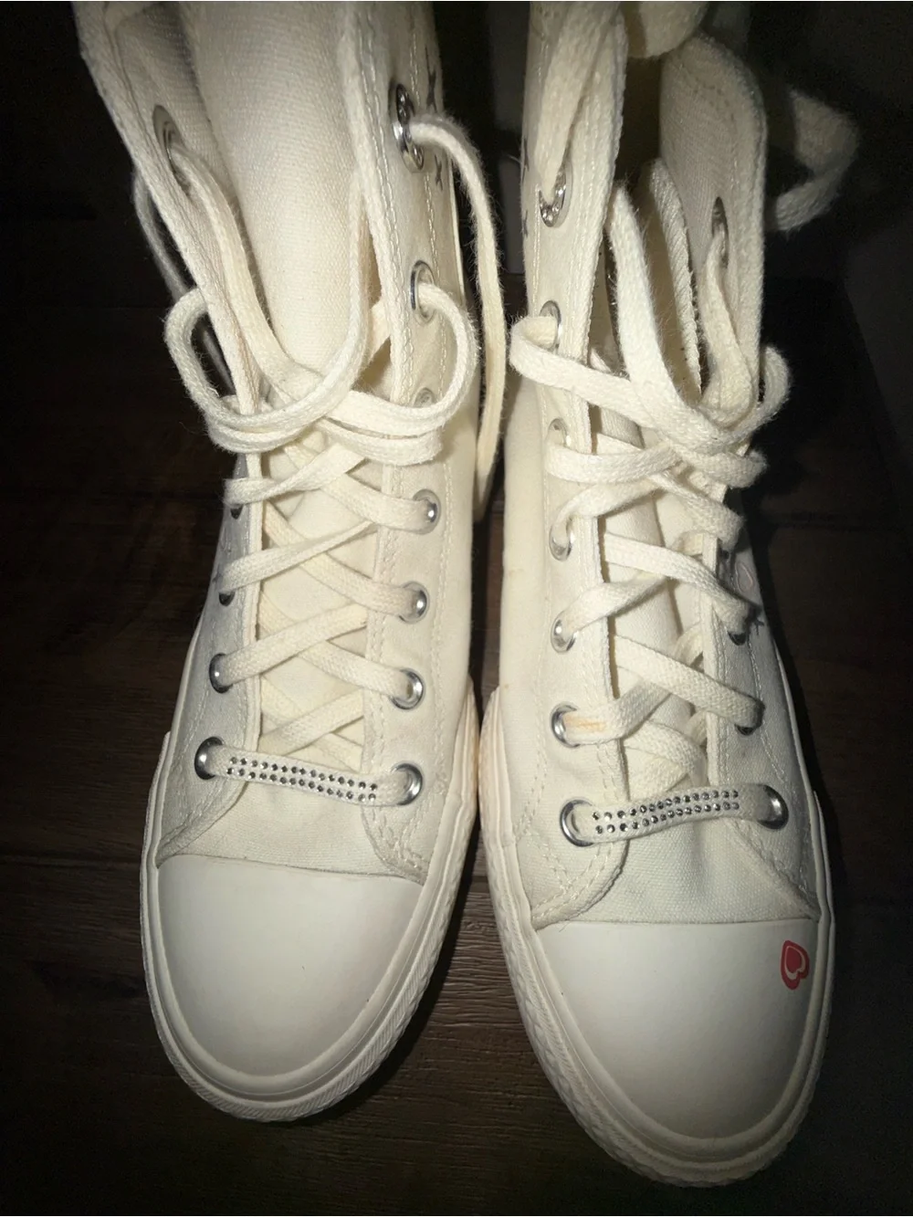 Converse White High Top Sneakers with Pink Heart Accents